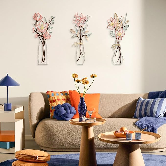 3 Pcs Metal Flowers Wall Arts Rustic Farmhouse Decor Bathroom Wall Decor Metal Wall Decor for Living-room Dining-Room Kitchen Minimalist Decor Housewarming Gifts (Multicolored)