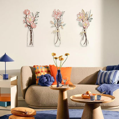 3 Pcs Metal Flowers Wall Arts Rustic Farmhouse Decor Bathroom Wall Decor Metal Wall Decor for Living-room Dining-Room Kitchen Minimalist Decor Housewarming Gifts (Multicolored)