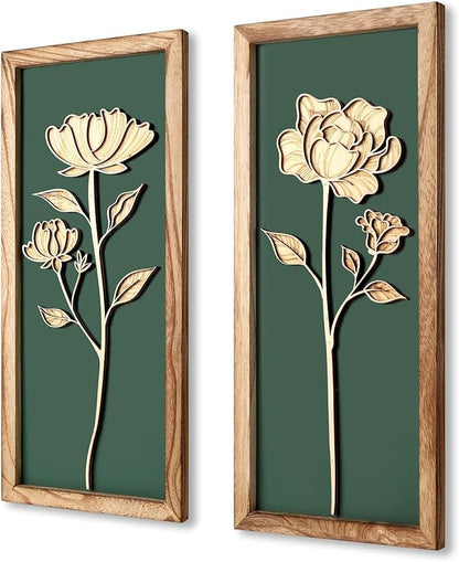 3D Floral Green Wall Art, Wood Boho Framed Wall Arts for Bathroom, Bedroom, Living Room, Dinning Room or Office, Lightweight Green Farmhouse Decor Gift - Set of 2