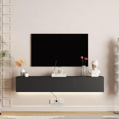 KEIKI 11.8" H x 68.8" L Floating TV Stand Wall Mounted with 16 Color LEDs & Power Outlets for TVs Up to 70 Inch, Wooden Media Console Entertainment Center Television Table Cabinet for Living Room