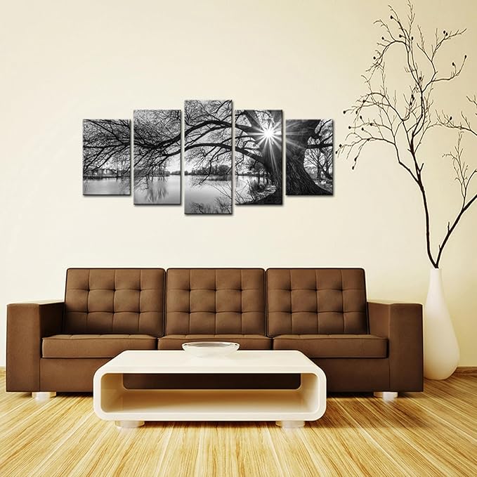sechars - 5 Pieces Wall Art,Old Tree by Lake Picture Canvas Prints Sunrise Painting Black and White Landscape Canvas Art,Modern Wall Decoration,Framed and Ready to Hang