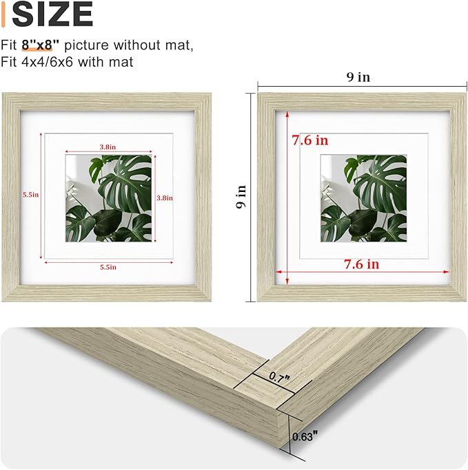 Egofine 8x8 Picture Frame 4PCS, Made of Solid Wood Covered by Plexiglass Display 4x4/6x6 with Mat or 8x8 without Mat, for Table Top Display and Wall Mounting Photo Frame, Distressed Wood Grain