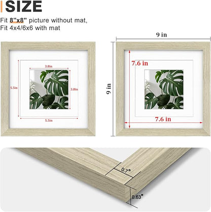 Egofine 8x8 Picture Frame 4PCS, Made of Solid Wood Covered by Plexiglass Display 4x4/6x6 with Mat or 8x8 without Mat, for Table Top Display and Wall Mounting Photo Frame, Distressed Wood Grain