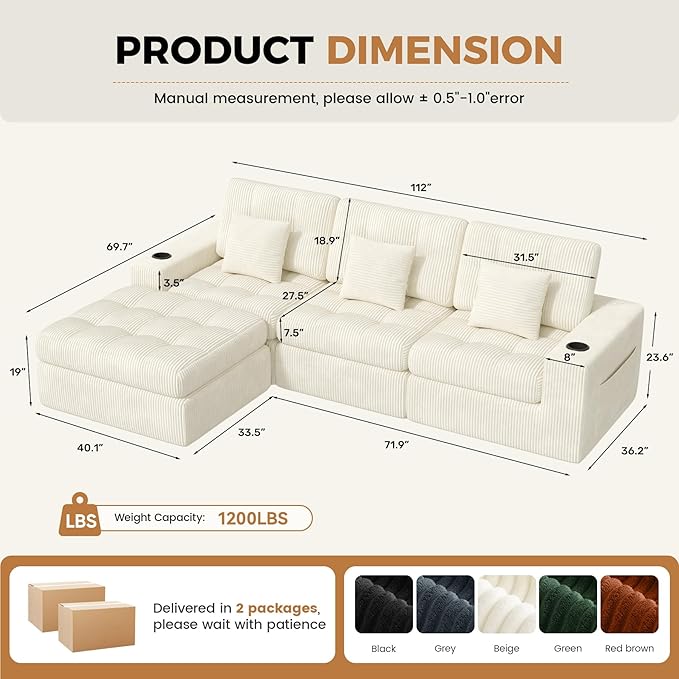 112" L Shaped Cloud Boneless Couch,Modern Modular Sectional Sofa with Layered Cushion,No Assembly Convertible Corduroy Couches for Living Room,Beige 1 PCS