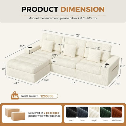 112" L Shaped Cloud Boneless Couch,Modern Modular Sectional Sofa with Layered Cushion,No Assembly Convertible Corduroy Couches for Living Room,Beige 1 PCS