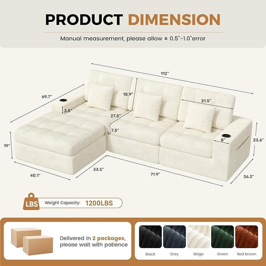 112" L Shaped Cloud Boneless Couch,Modern Modular Sectional Sofa with Layered Cushion,No Assembly Convertible Corduroy Couches for Living Room,Beige 1 PCS