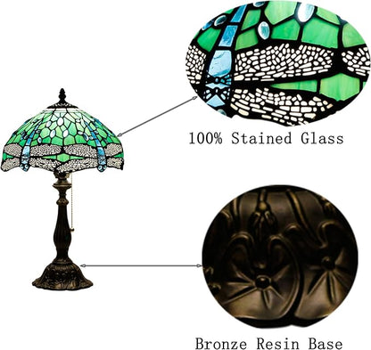 Tiffany Table Lamp Stained Glass Lamp 12X12X19 Inch Antique Reading Light (Green Dragonfly)