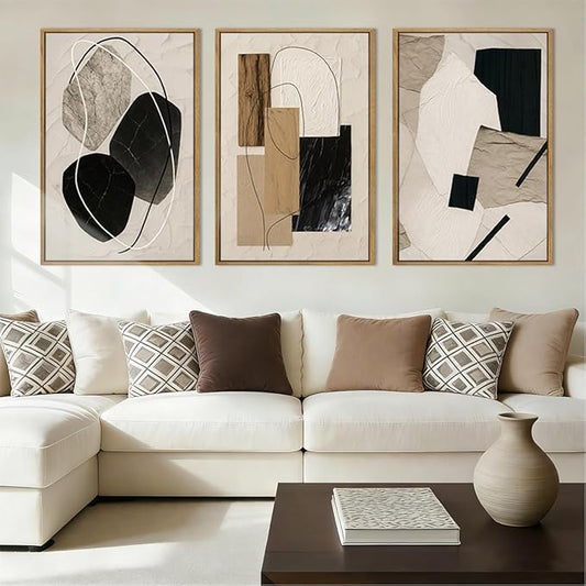 BINCUE Abstract Modern Wall Art Framed Neutral Wall Paintings Elegant Modern Artwork Abstract Neutral Wall Pictures for Living Room Bedroom Bathroom Office 16x24 Inch Set of 3 Gift