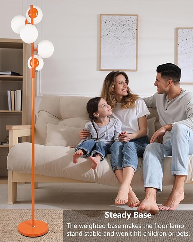Lightdot 5-Globe Dimmable Globe Floor Lamp Orange Retro Standing Lamps with 5Pcs Bulbs Included Brightness Adjustable Mid Century Modern Floor Lamp with 5Lbs Heavy Base for Living Room/Sofa Beside