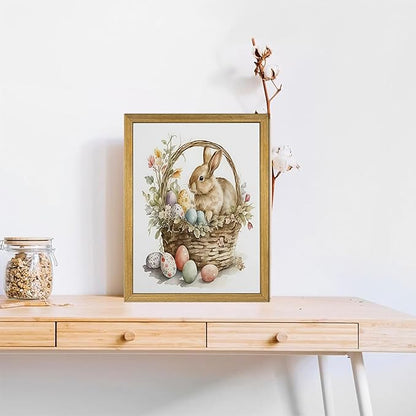 Easter Bunny Wall Art, Vintage Easter Bunny Eggs Poster Print Wall Decor, Holiday Home Canvas Decor Painting 12x16 Inch Wood Framed