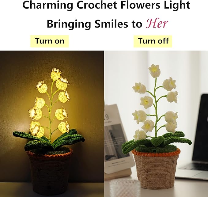 Lily of The Valley Lamp, White Crochet Artificial Flowers with Night Lights, Cordless Table Lamp -Birthday Gifts for Women,Cozy Home Decor Mothers Day Gifts