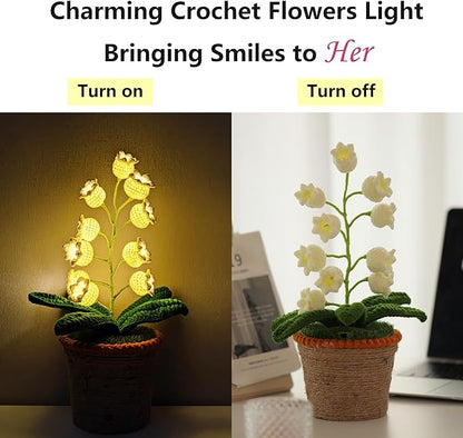 Lily of The Valley Lamp, White Crochet Artificial Flowers with Night Lights, Cordless Table Lamp -Birthday Gifts for Women,Cozy Home Decor Mothers Day Gifts
