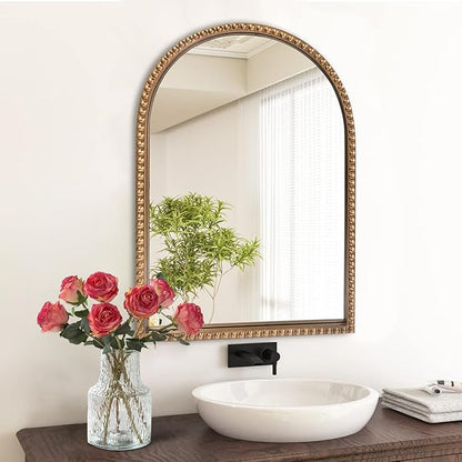 BAODANFU Traditional Arch Mirror for Bathroom, 20" x30" Baroque Antique Gold Marlowe Mirrors Beaded Frame, Decorative Accent Vertical Vanity, Wall Decor Over Mantel Fireplace, Sofa, Entryway