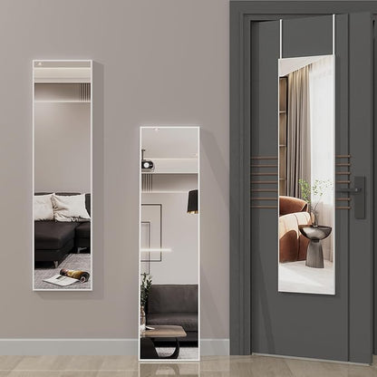 ANYHI Over The Door Mirror, 47" x 12" White Door Mirror Full Lenth, 2 Hooks, Door Mount or Wall Mount, for Bedroom, Living Room, Bathroom