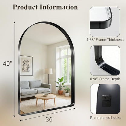 Arched Bathroom Mirror, 36"x40" Black Mirror for Wall Mounted Vanity Mirror for Over Sink with Tempered Glass, Aluminum Alloy Deep Frame, Farmhouse for Bedroom, Entryway, Living Room