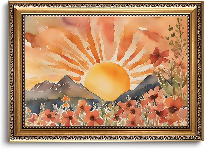WZGZXU Gold Framed Wall Art Boho Wall Decor Sunset Canvas Art Sun Pictures Wildflower Paintings Landscape Prints Watercolor Artwork For Living Room Bedroom Office