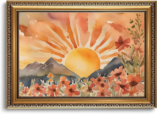 WZGZXU Gold Framed Wall Art Boho Wall Decor Sunset Canvas Art Sun Pictures Wildflower Paintings Landscape Prints Watercolor Artwork For Living Room Bedroom Office