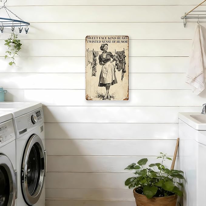 Retro Women Wall Decor Sweet Face Kind Heart Twisted Sense Of Humor Metal Tin Sign Farmhouse Rustic Art Plaque Rustic Laundry Decor 16x12 Inch