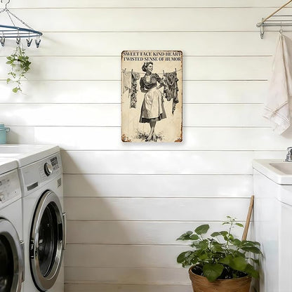 Retro Women Wall Decor Sweet Face Kind Heart Twisted Sense Of Humor Metal Tin Sign Farmhouse Rustic Art Plaque Rustic Laundry Decor 16x12 Inch