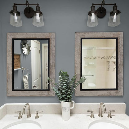 YOSHOOT Rustic Wooden Framed Wall Mirror, Natural Wood and Iron Bathroom Vanity Mirror for Farmhouse Decor, Vertical or Horizontal Hanging, 60" x 30", Grey
