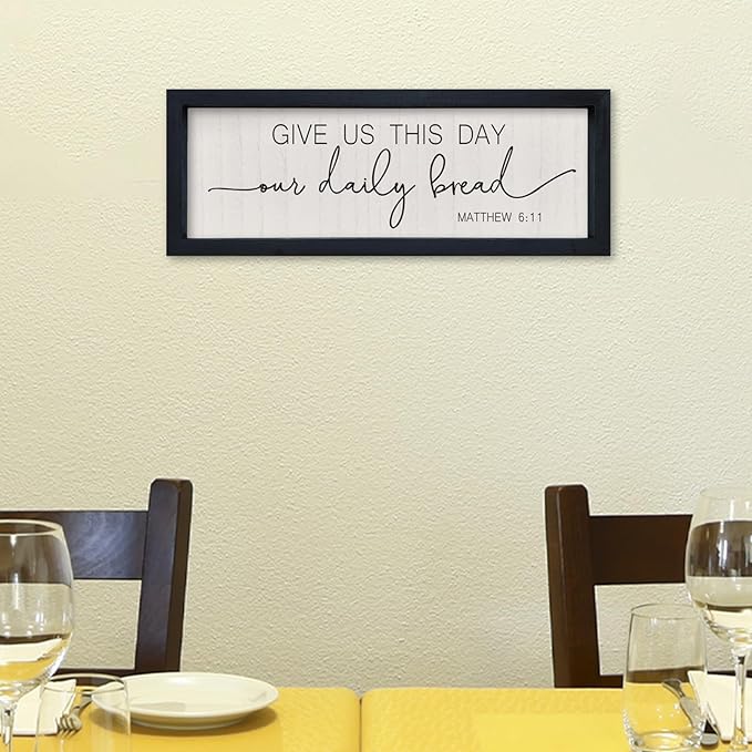 comurdyo Kitchen Simple Wall Decor Give Us This Day Our Daily Bread Sign 16"x6" Bible Verse Quotes Plaque Matthew 6:11 Christian Religious Praye Rustic Farmhouse Dining Room Wall Hanging (Black)