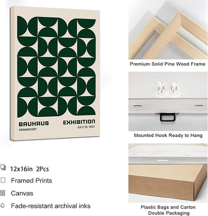 2Pcs Bauhaus Mid Century Modern Wall Art Retro Exhibition Posters Prints Green Boho Geometric Abstract Minimalist Wall Decor Pictures for Bedroom iving Room Dining Room Framed (Green, 16x24in Framed)