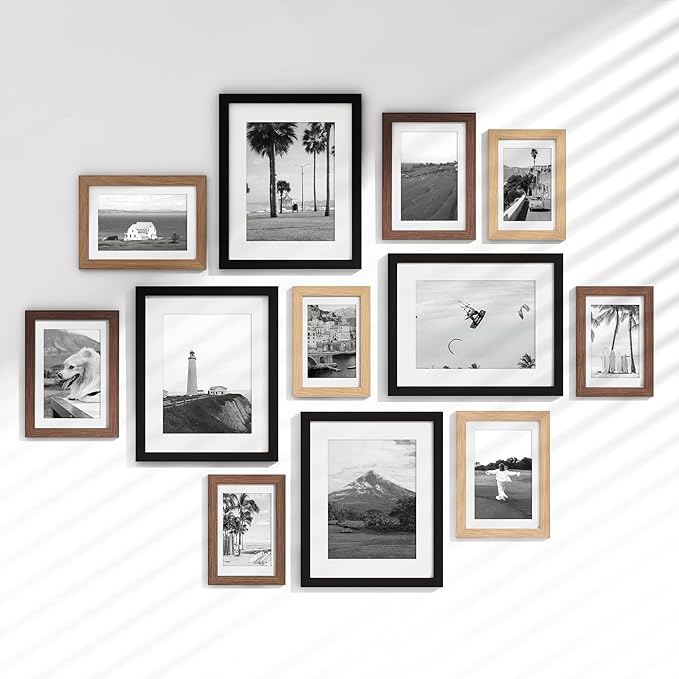 Venusmiles 12 Pack Picture Frames Collage Wall Decor, Gallery Frame Set for Wall Mounting or Tabletop Display, Multi Sizes Including 4pcs 8x10, 4pcs 5x7, 4pcs 4x6, Black+Oak+Walnut
