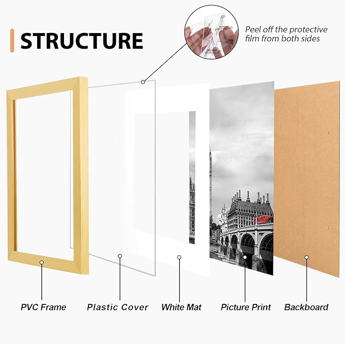 Fixwal 5x7 Picture Frame Set of 6 with Shatter Resistant Plastic Glass, Thin Border and Light Weight Photo Frames for Wall or Tabletop Display, Gift for Mother's Day, Father's Day, Graduation, Gold