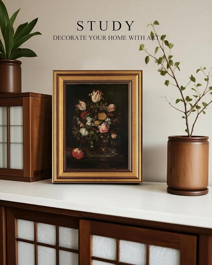 VIYYIEA Vintage Gold Framed Floral Wall art, Dark Rose Academia Moody Traditional Decor, Aesthetic Classical Roses and Tulips Baroque Still Life Pictures for Bedroom Living Room, 8x10inch