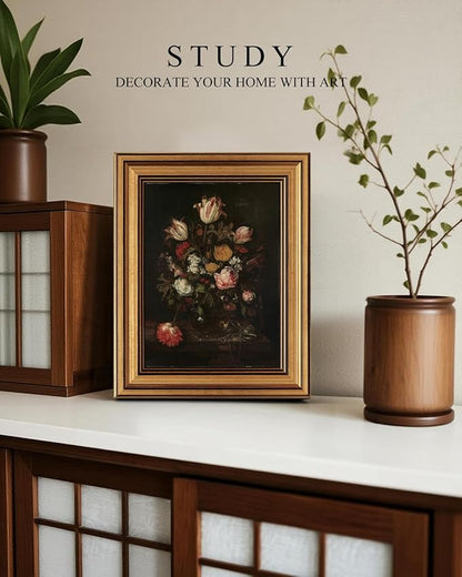 VIYYIEA Vintage Gold Framed Floral Wall art, Dark Rose Academia Moody Traditional Decor, Aesthetic Classical Roses and Tulips Baroque Still Life Pictures for Bedroom Living Room, 8x10inch