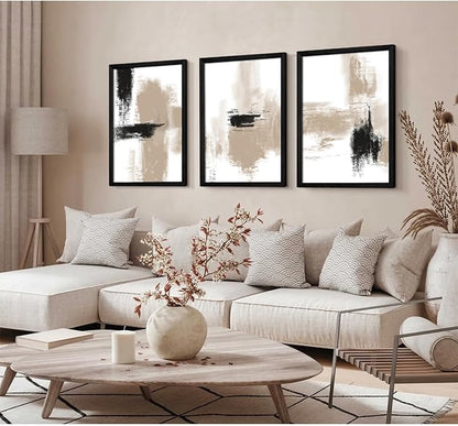 Joocrise Beige Abstract Wall Art Painting Set of 3 Neutral Canvas Wall Art Prints Black Beige Modern Wall Decor Minimalist Art Pictures Abstract Modern Artwork for Room Bedroom 16x24 Inch Wood Framed