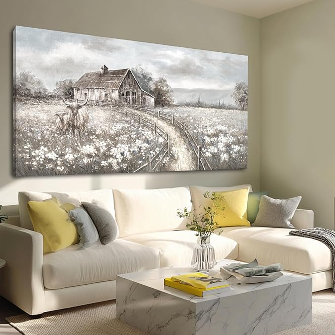 Neutral Greige Highland Cow Canvas Wall Art, Rustic Country Cottage Landscape with Meadow Flowers, Large Horizontal Framed Canvas, Ready to Hang for Living Room/Bedroom, 29x58 Inches
