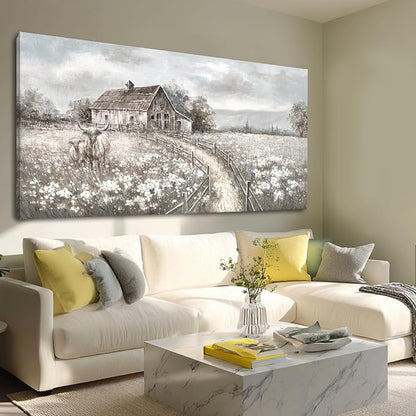 Neutral Greige Highland Cow Canvas Wall Art, Rustic Country Cottage Landscape with Meadow Flowers, Large Horizontal Framed Canvas, Ready to Hang for Living Room/Bedroom, 29x58 Inches