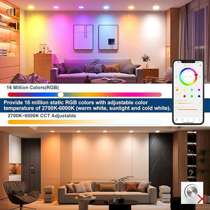 SikSog Smart Recessed Lighting 4 Inch Black RGBCW Color Changing 12W LED Downlight with Junction Box,1080 Lumen Recessed Ceiling Light Compatible with Alexa,Dimmable by Bluetooth Control -6Pack