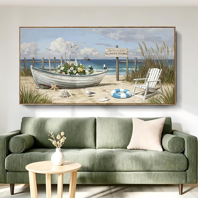 Large Framed Modern Nature Wall Art, Canvas Beach Coastal Landscape Print, Blue Ocean Seaside Decor Painting For Living Room Bedroom Office Dining Room Hallway, Ready To Hang 58X29 Inch