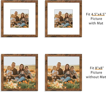 Picrit 8x8 Picture Frame Set of 12, Display 5x5 with Mat or 8 x 8 without Mat, Photo Frames for Wall Mounting or Table Top Display, Brown