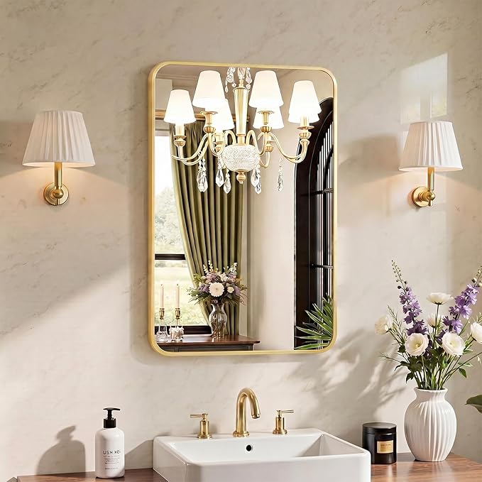 OLIXIS Bathroom Mirror for Over Sink, 28x20 Inch Wall Mount Mirror with Rounded Rectangle and Matte Metal Framed, Modern Wall Vanity Mirror for Home Decor, Living Room, Bedroom, Gold