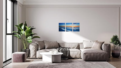 TutuBeer 3 Panels Beach Pictures Wall Art Beach Canvas Wall Art Blue Ocean at Sunrise Picture Print on Canvas Sea Artwork for Walls Seascape Pictures for Home Decor Ready to Hang 16x32inchx3