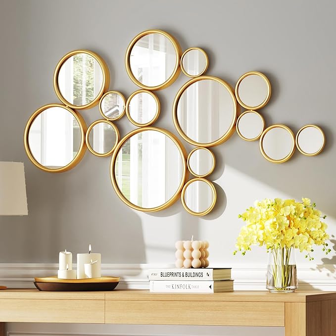 PERHOM Multiple Circles Wall Decor Mirror - 47"x24" Large Gold Wall Art Mirror,Thick Metal Framed Wall Sculptures Mirrors for Living Room, Entryway, Bedroom, Dining Room, Fireplace