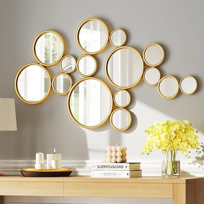PERHOM Multiple Circles Wall Decor Mirror - 47"x24" Large Gold Wall Art Mirror,Thick Metal Framed Wall Sculptures Mirrors for Living Room, Entryway, Bedroom, Dining Room, Fireplace