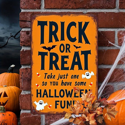 Trick or Treat Halloween Metal Tin Sign Vintage Halloween Wall Decor for Home Kitchen Entryway and Office Rustic Halloween Decorative Signs Metal Poster 8x12 Inch