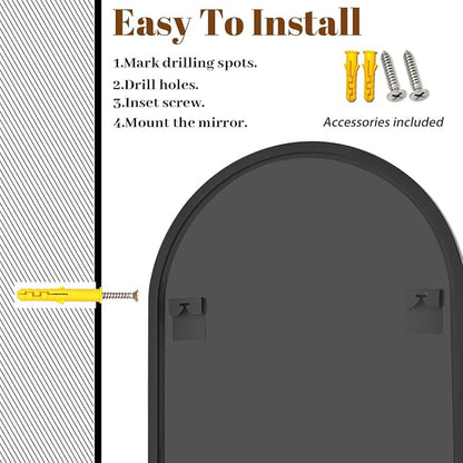 Dewfig Wall Mounted Mirror, 26"x38" Arched Wall Bathroom Mirror, Black Vanity Wall Mirror with Metal Frame, Modern & Contemporary Arch Top Wall Mirror for Bedroom, Entryway, Living Room,Black