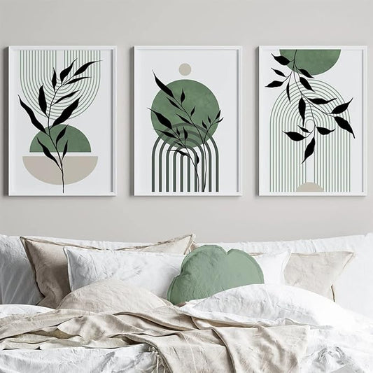 Mid Century Modern Wall Art Set of 3 Sage Green Canvas Wall Art Boho Prints Green Wall Decor Black Beige Abstract Picture Mid Century Painting for Living Room Bedroom 12x16 Inch UNFRAMED