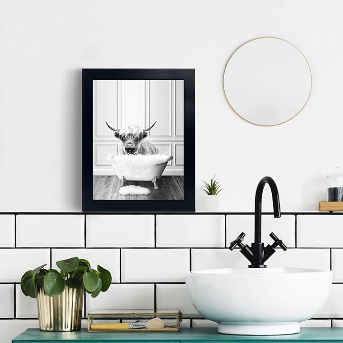 calmart Highland Cow Pictures Wall Decor - Funny Black and White Decor Wall Art, Canvas Wall Art Home Decor for Bedroom Framed Ready to Hang