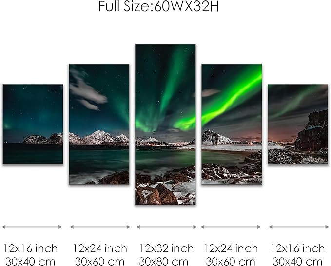 SKASNFAI Alaska Picture Framed Artwork Northern Lights Wall Art Green Nature Mountains Wall Poster Aurora Borealis Bedroom Painting Photo Scenery Office Wall Decor for Living Room (60Wx32H)