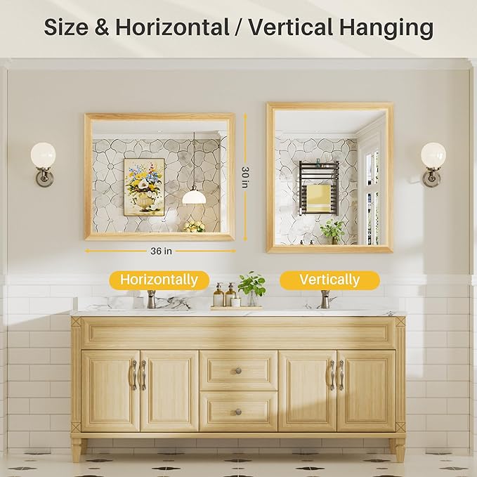 36x30 Inch Bathroom Mirror for Wall, Anti-Rust Oak Wood Grain Metal Framed Bathroom Mirrors for Over Sink,Rectangler Mirrors for Bathroom Vanity, Farmhouse, Bedroom, Living Room, Entryway Decor