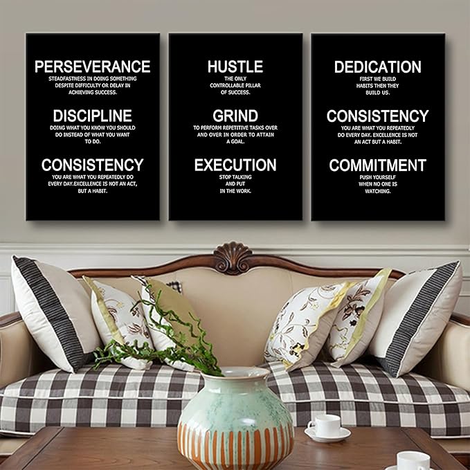 Hustle Discipline Motivational Poster 3 Piece Success Quote Office Decor Inspirational Wall Art Canvas Prints Artwork for Modern Home Living Room Painting Pictures Stretched and Framed [60''W x 28''H]