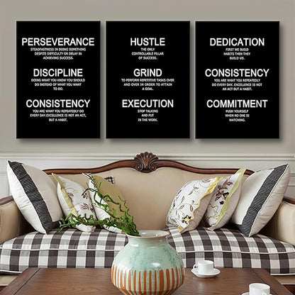 Hustle Discipline Motivational Poster 3 Piece Success Quote Office Decor Inspirational Wall Art Canvas Prints Artwork for Modern Home Living Room Painting Pictures Stretched and Framed [60''W x 28''H]