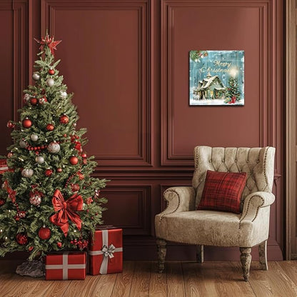 Christmas Tree Wall Art Decor Romantic Winter Snow Home Canvas Prints Poster Xmas Tree Painting Merry Christmas Sign for Home Garden Living Room Bedroom Bathroom Holiday Decoration Gifts 12x12inch