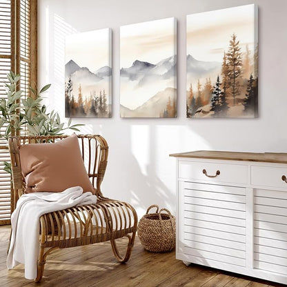 Neutral Mountain Wall Art Decor Set of 3 Forest Canvas Wall Art Poster Landscape Wall Art Artwork Modern Pictures Abstract Painting Watercolor Prints for Living Room Bedroom 24x36 Inch Wrapped Canvas